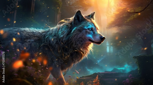 Magical Wolf animal wildlife in enchanted forest dramatic background. AI generated image