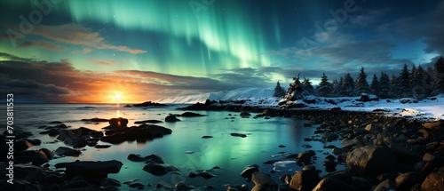Aurora borealis over the rocky coast