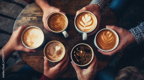 
A top-view photo capturing people's hands as they hold mugs of coffee photo