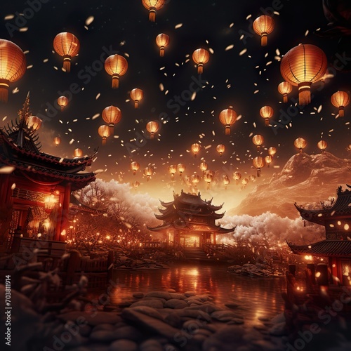 Chinese new year concept. The traditional style decorated festive background. Generative Ai © Naz