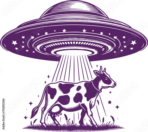 Alien spacecraft in a vector stencil illustration abducting a cow with a beam