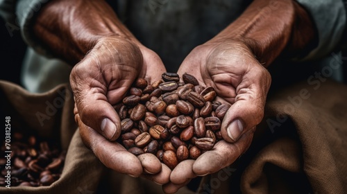 A farmer holding freshly roasted coffee beans in their hands.