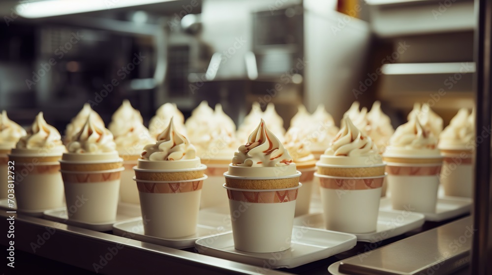 A conveyor for the production of vanilla ice cream in paper cups, a ...