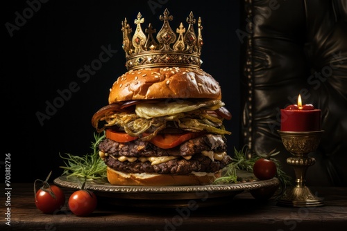 burger with crown on top. Best burger in town. Classic american fast food. Favorite cheat meal. Unhealthy snack.