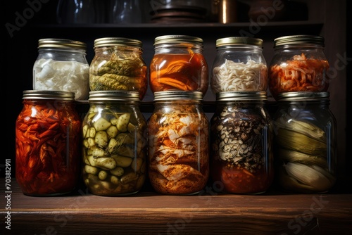 jars of different fermented vegetables food. Sauerkraut sour cabbage, pickles, beans and other foods marinated with vinegar in the pantry.
