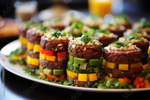 vegan meat appetizer at a party. Catering business. Plant-based healthy food at event. Finger food snack. photo