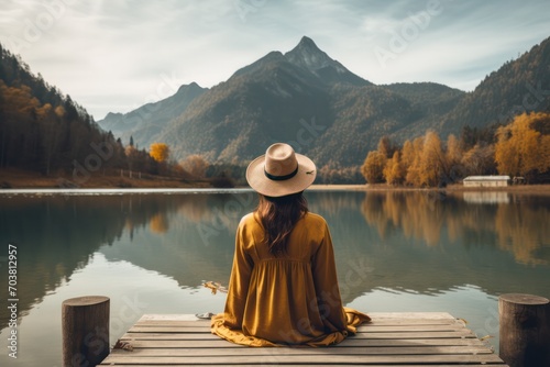 Female traveler  in hat from behind sitting on wooden pier of lake in the mountains  traveling solo. Woman and  tourist in nature.
