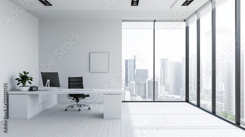  Urban Tranquility  A minimalist office bathed in soft white tones  offering focus amidst the city s hustle. A serene city street view from the window creates a balance of simplicity and urban allure.