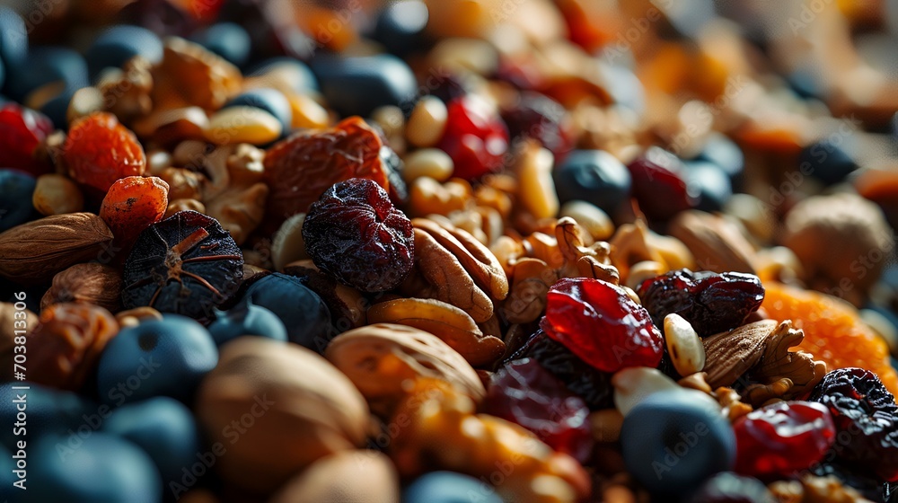 Mix of dried fruits and nuts on a wooden background, selective focus Mix of dried fruits and nuts on a wooden background, selective focus