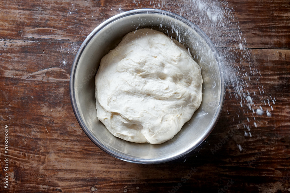 pizza dough in a steel bowl with a sprinkle of flour