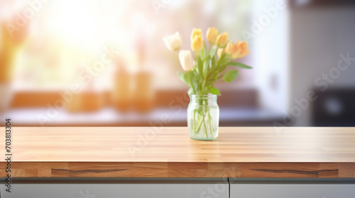 Serene Modern Home Interior: Empty Wood Table Top with Beautiful Bokeh Background