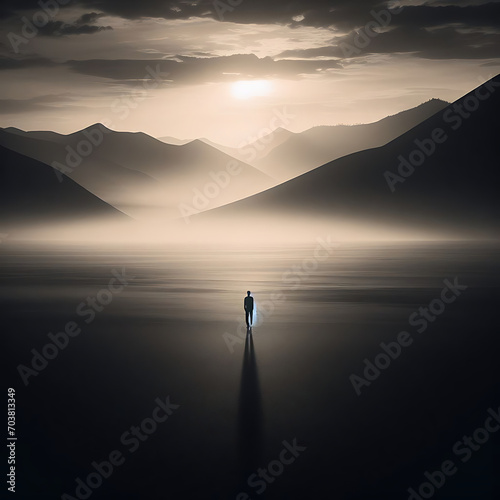 silhouette of a person standing on the edge of the mountain