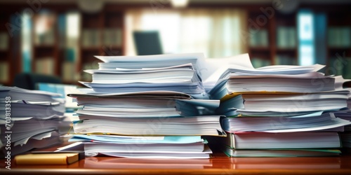 A heap of paperwork arranged on the desk within the office space.