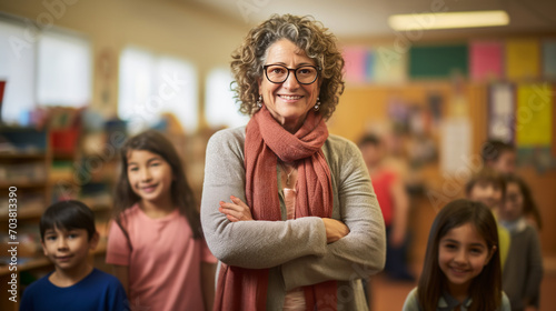 Portrait of middle aged female teacher smiles with arms crossed in classroom full of children, woman teacher embodies competence and success in teaching, creating positive atmosphere