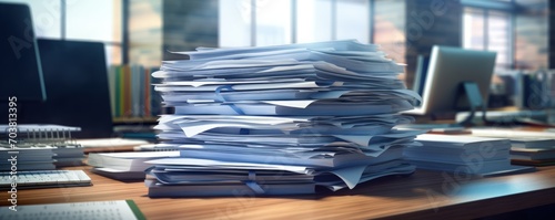 On the office desk, there is a neat arrangement of documents forming a stack, indicative of a diligent and productive workspace. photo