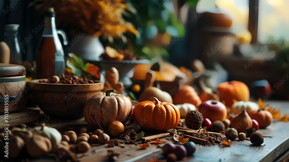 Autumn still life with pumpkins, nuts and flowers on rustic background Autumn still life with pumpkins, nuts and flowers on rustic background
