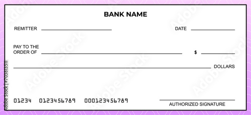 Vector of Blank Bank or Personal Check. Payment, Money, Cash, Currency, Cheque, Banknote
