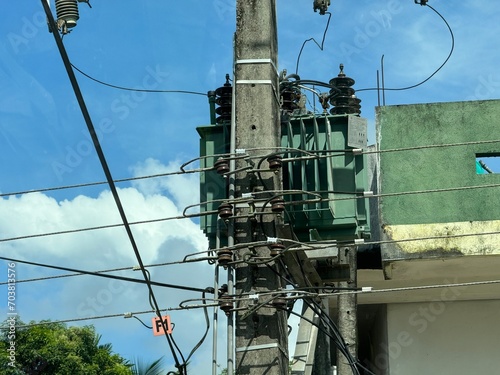 electricity pole and transformer standard power supply line at rural town on Sri Lanka 