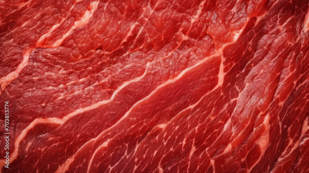 Close-up of fresh raw red beef meat steak structure. Food background. Generative AI Close-up of fresh raw red beef meat steak structure. Food background. Generative AI