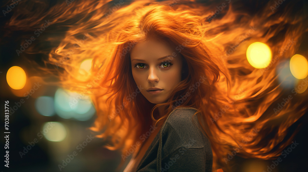 Charming red haired girl with fiery plume embodying fierce and vibrant essence of womanhood, attractive young ginger woman portrait symbolizing unbridled intensity of passion