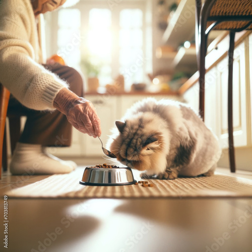 Persian cat being fed by an elderly person in a bright and homely kitchen.