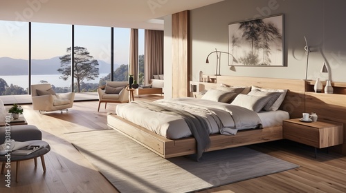 Modern bedroom interior design with wooden bed and nightstands © duyina1990