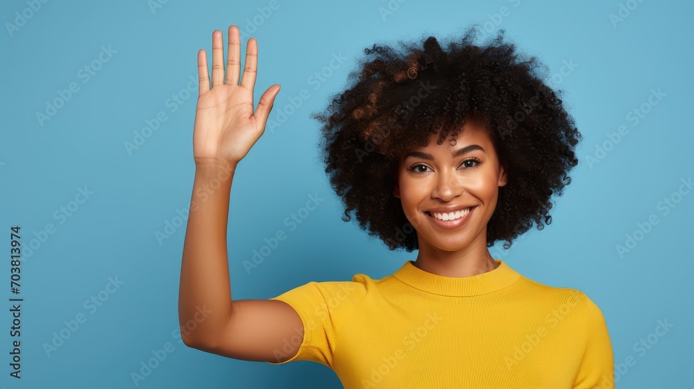Happy African American woman holding a white poster in her hands. Generative AI Happy African American woman holding a white poster in her hands. Generative AI