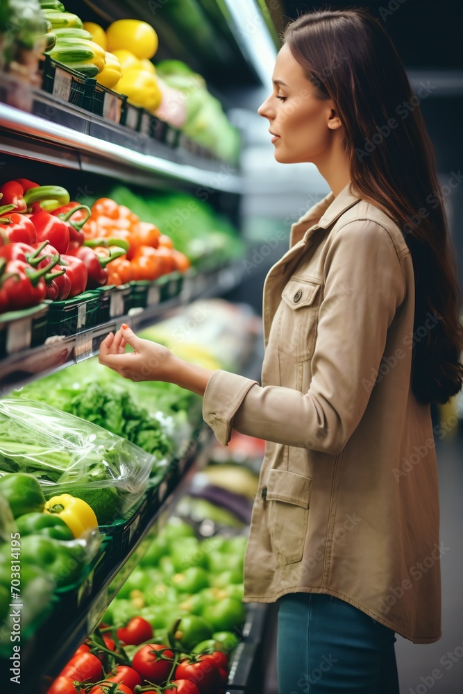 A woman is choosing bell peppers in the supermarket,