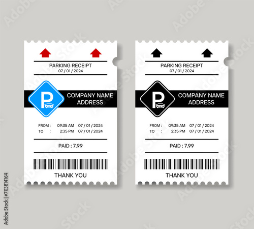 Realistic parking ticket set. Vehicle parking receipt vector. Color and black and white parking paper template