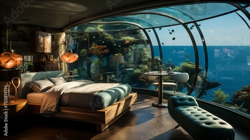 Underwater bedroom with a large curved glass window