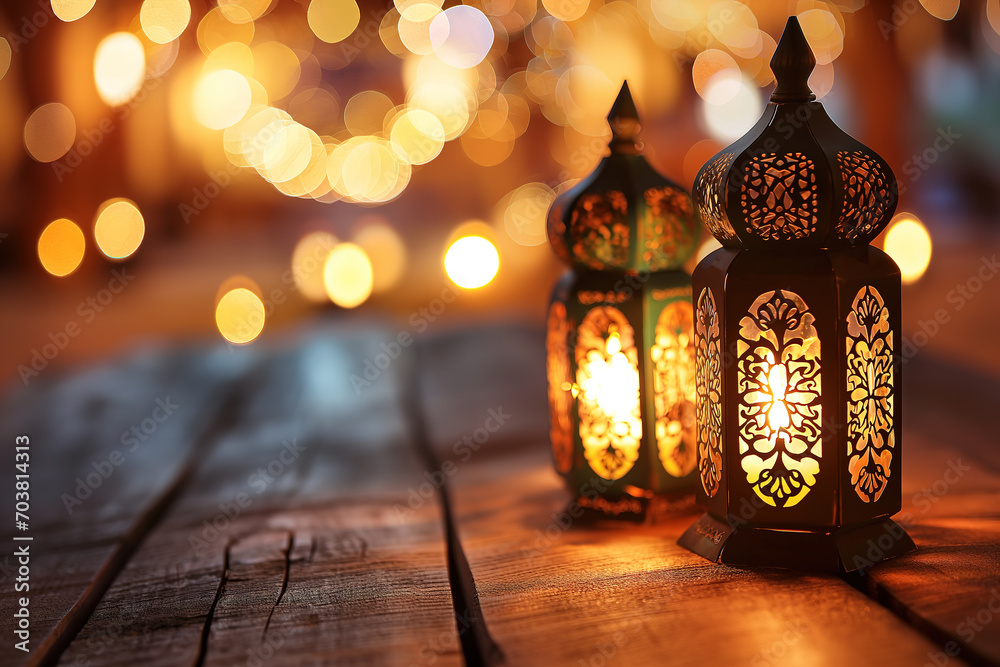 Arabic lantern of muslim ramadan kareem greeting card, islamic holy month and happy ramadan mubarak with eid al fitr, festive lighting background.