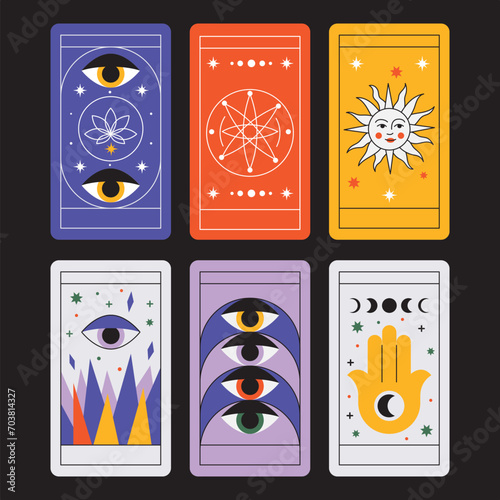 Magical tarot cards deck set. Spiritual moon and celestial eye symbols. Vector illustration. Astrology or sacred geometry poster design. Magic occult pattern, esoteric boho modern style isolated