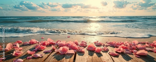 Valentines day Table wood desk of free space and summer beach landscape photo