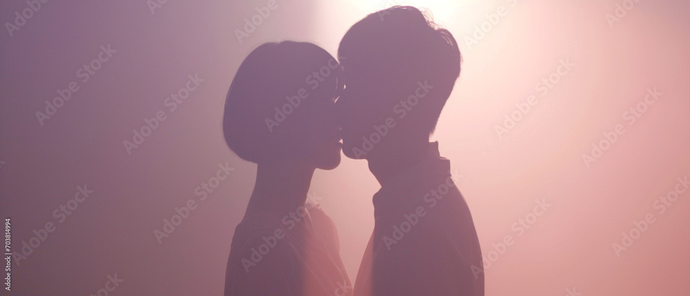 couple standing alone in room in misty weather, movie style, outdoor photography, animal photography, Valentine's Day concept