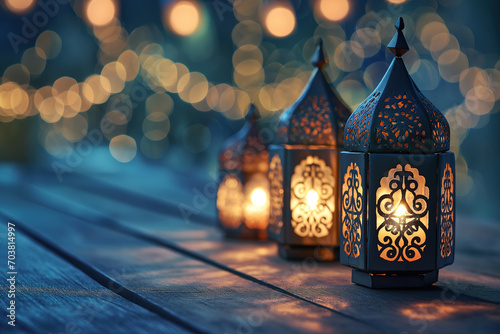 Arabic lantern of muslim ramadan kareem greeting card, islamic holy month and happy ramadan mubarak with eid al fitr, festive lighting background.