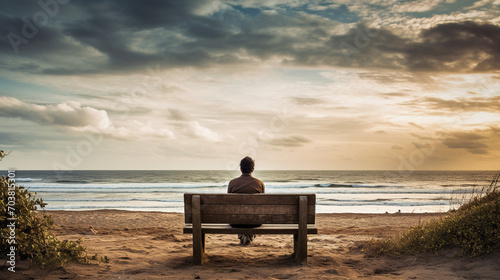Lonely Person Sitting on A Wooden Bench on The Beach back side view.
