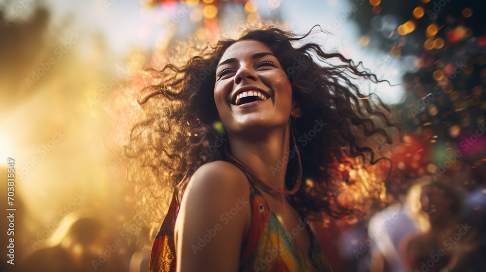 A carefree young woman dancing joyfully in the midst of a lively summer music festival concert, with vivid colors and lifelike textures