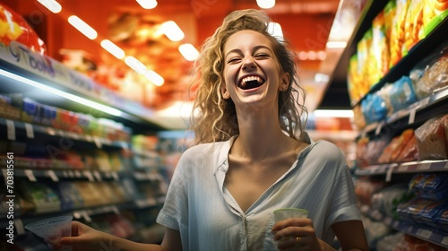 A cheerful woman enjoying her time shopping in a grocery store, incorporating the color palette and precision of Roberto Bernardi photo