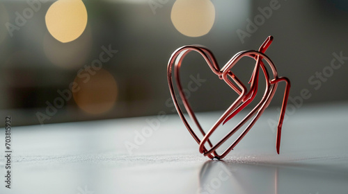 A heart formed from two bent paperclips on a white surface, heart, minimalism, Valentine's day, with copy space