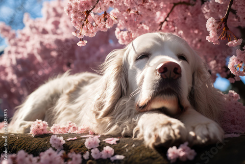 Happy Puppy in a Sunny Green Garden, Playing with a Wooden Paw-collar, Surrounded by Blooming Apricot Trees and Beaming with Joy