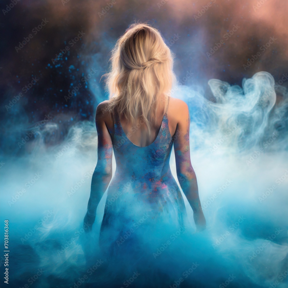 Frau umgeben von blauen Nebel
