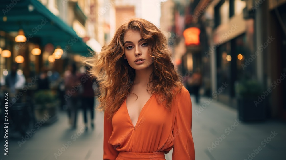 Beautiful fashion woman on a vibrant city street