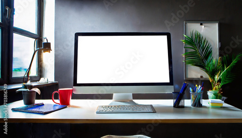 PC monitor on desk in office with isolated white background on screen