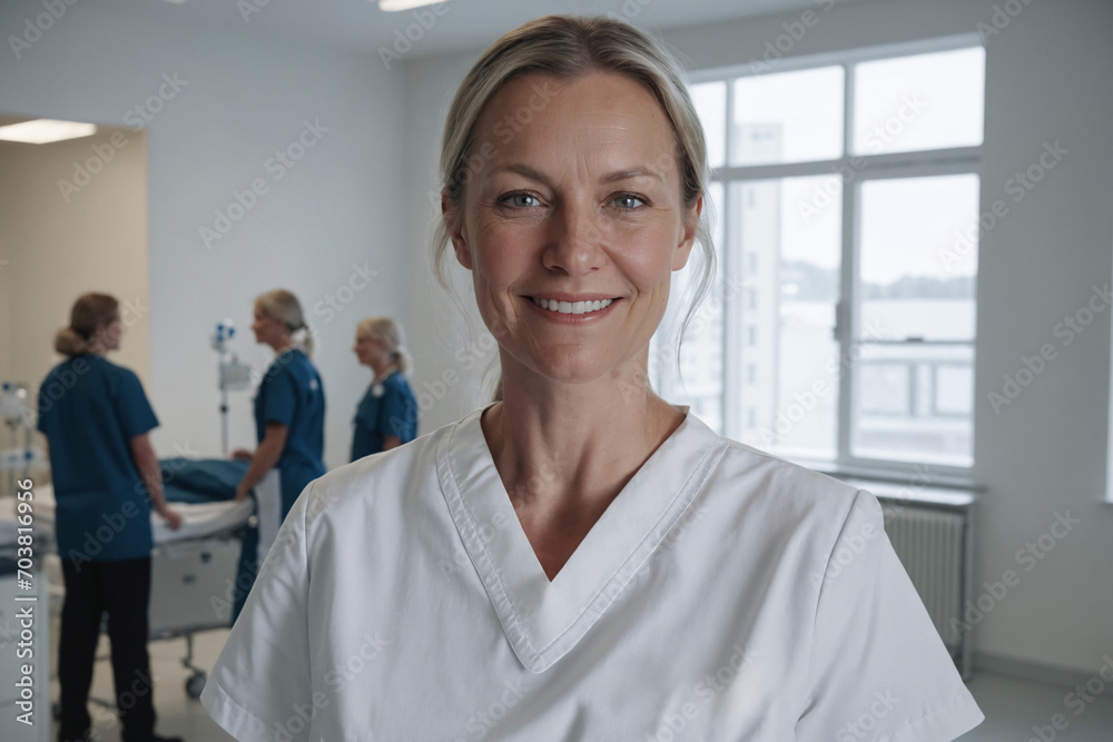 Fototapeta premium nurse smiling, hospital staff in background, natural light, blue scrubs, medical uniform, healthcare workers, serene atmosphere, blonde hair, v-neck uniform