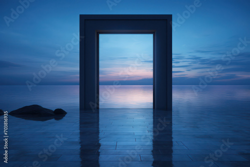 The Serene Seascape: A Dreamy Entrance to a New Horizon with an Empty Room and Wooden Pier under a Calm Sunset Sky
