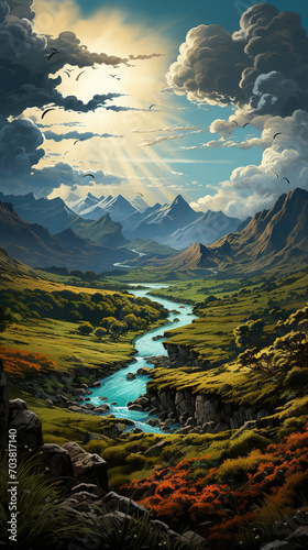A Serene Valley  The Dance of Light and Shadow over Lush Greenery and Winding River