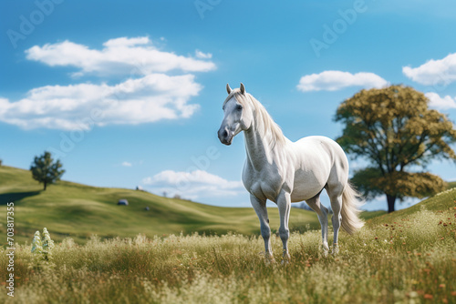 Beautiful white horse on a meadow clouds on sky © Imtiaz