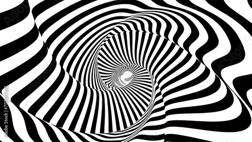 Optical illusion tunnel with black and white pattern. Black hole op art tunnel.