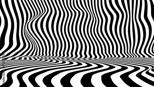 Optical illusion op art wavy background with black and white stripes texture.