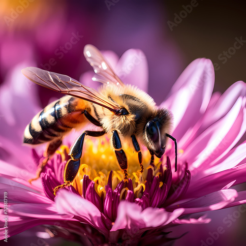 A close-up of a bee collecting nectar from a flower.